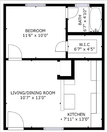 Floor plan for 1 bed, 1 bath, 430 sqft